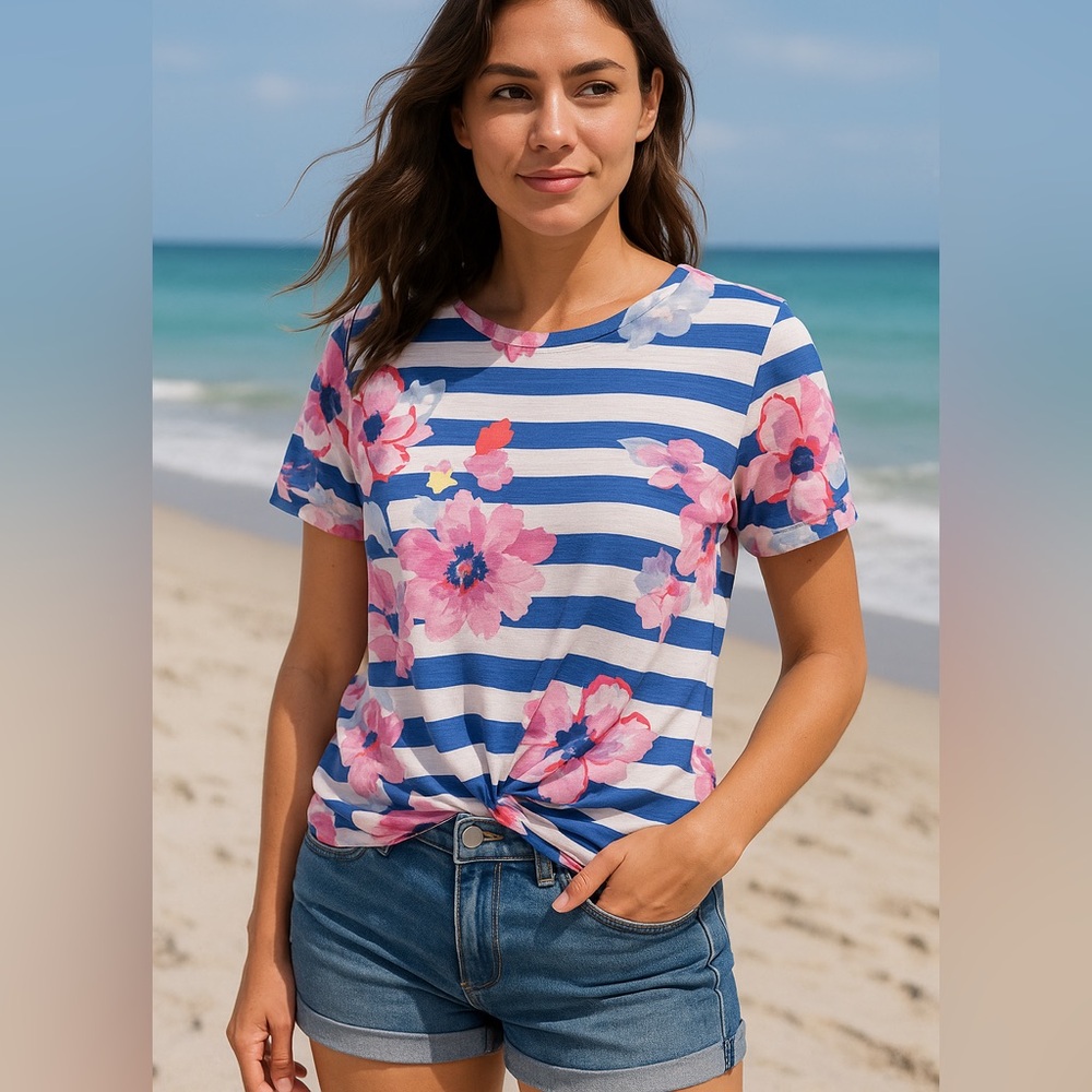 Joules stripe floral Nessa print‎ neon T-shirt